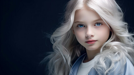 Fototapeta premium Portrait of a chic cute beautiful blonde child girl with long white hair and perfect skin, dark blue background, banner.