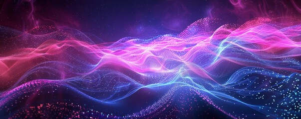 Fototapeta premium Flowing waves of pink and blue light particles creating a vibrant abstract visual on a dark background.