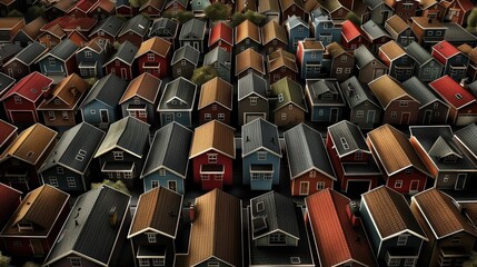 Fototapeta premium Aerial Perspective of Colorful Houses Overlooking a Vibrant Neighborhood During Golden Hour. Generative AI