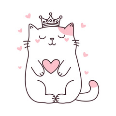 Cute Love Pet Cat Cartoon Character Sleeping Wearing Crown Vector Illustration