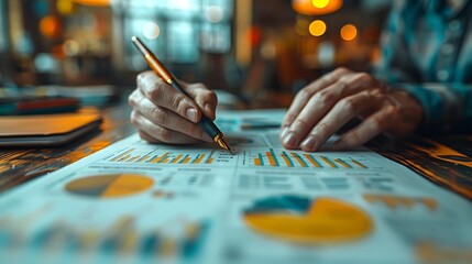 Fototapeta premium A close-up of a business plan document being reviewed by a professional in a sleek office space. The plan features graphs, tables, and strategic notes, with a focus on a pen and hands making