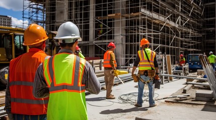 Construction workers in bright safety vests stand on a concrete platform in front of a tall building under construction