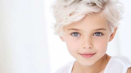 Portrait of a chic cute beautiful blonde child girl with short haircut and perfect skin, white background, banner.