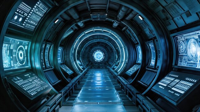 A long, narrow spaceship corridor with blue lights and rows of monitors on either side. The corridor leads to a bright light at the end