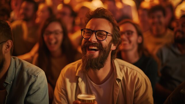 A man with a beard laughs at a nighttime event, holding a glass of beer in his hand. He is surrounded by other people enjoying the event
