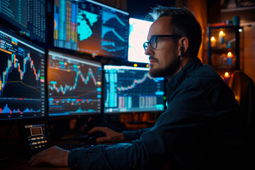 Cryptocurrency market analyst working with multiple digital screens displaying real-time data --ar 3:2 --stylize 200 Job ID: 1d97d8dc-5942-490e-a35c-ee678fa8222f