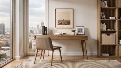 The image depicts a minimalist workspace featuring a wooden desk with tapered legs and a textured front panel.