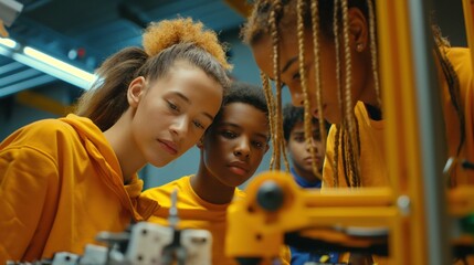 group of students in a technical classroom, learning about robotics, showcasing the future of technical education