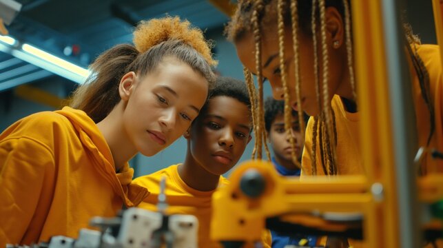 group of students in a technical classroom, learning about robotics, showcasing the future of technical education