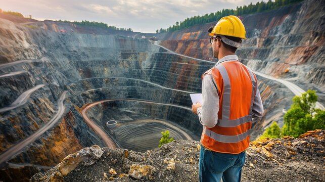Mining engineer inspecting massive open-pit mine, overseeing the extraction of valuable minerals from earth, highlighting the scale and complexity of resource extraction