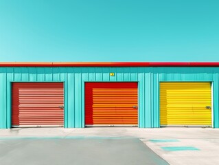Mini colorful metal self storage facilities rental units, warehouse exterior, industry garage building - ai
