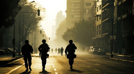 Soldiers patrolling a city street, representing the militarization and tension in regions affected by political conflict