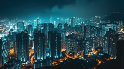 Obraz premium Aerial view of a bustling cityscape at night, illuminated by thousands of lights The skyline is a mesmerizing blend of towering skyscrapers and historical buildings, showcasing urban diversity