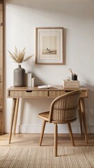 The image depicts a minimalist workspace featuring a wooden desk with tapered legs and a textured front panel.