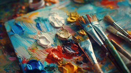 Fototapeta premium Artists palette filled with vibrant paint colors, brushes, and a partially completed canvas. The image celebrates creativity, expression, and the joy of painting