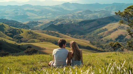 Naklejka premium A couple sits in a grassy field, looking out over a beautiful vista of rolling hills and mountains.