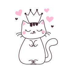 Cute Love Pet Cat Cartoon Character Sleeping Wearing Crown Vector Illustration