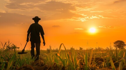 Farmer Walking with a Hoe in the Middle of a Field During a Beautiful Sunset