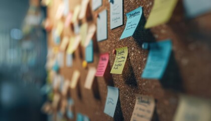 Close-up of a corkboard covered in colorful sticky notes.