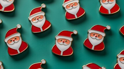 Santa Claus Shaped Enamel Pins on Solid Teal Background for Christmas Decoration