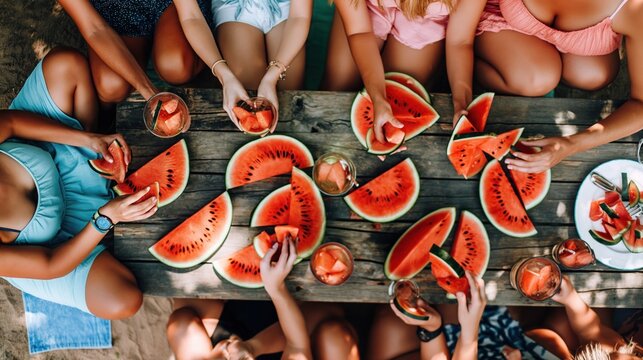 Friends and family enjoying National Watermelon Day with slices of watermelon in the summer heat on August 3