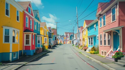 Obraz premium A street lined with brightly colored houses on a sunny day.