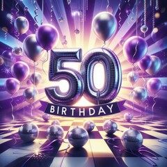 A festive 50th birthday celebration with balloons and disco balls.
