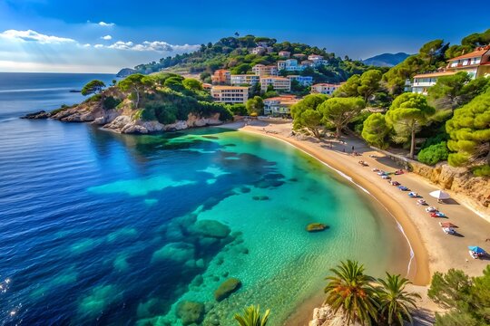 Ancient shipyard or Tersane near of Kizil Kule tower and beautiful beach and calm turquoise sea surface in Alanya, Turkey.