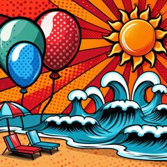 Pop art illustration of a beach scene with a bright sun and waves.