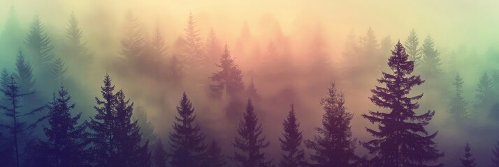 Naklejka premium Surreal view of fir trees veiled by early morning fog, using a vintage cross-processing technique