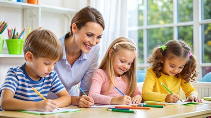 Fototapeta premium Happy group of kids and teacher at school in a light classroom 