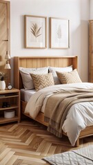 The cozy bedroom features a neatly made bed with white linens and several beige and brown pillows and blankets.
