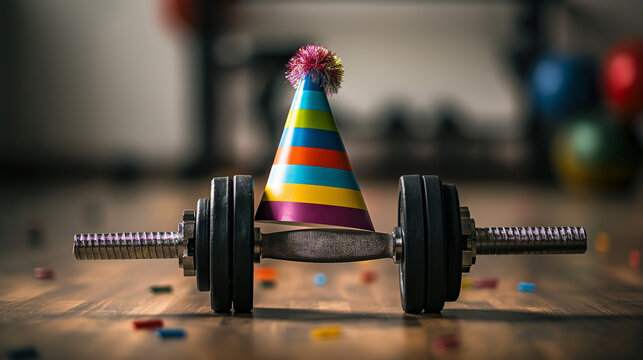 Colorful Party Hat on Dumbbell in a Festive Gym for Birthday Celebration