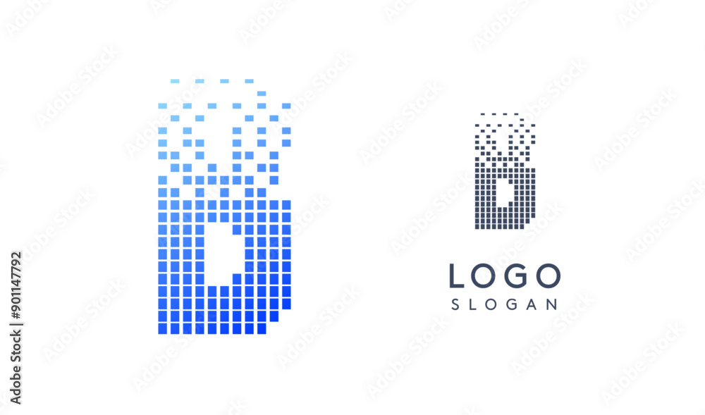 Aufkleber Pixelated Letter B transitioning into scattered pixels with gradient colors creating modern, digital effect like equalizer. Abstract logo for tech software and digital media. Vector illustration.