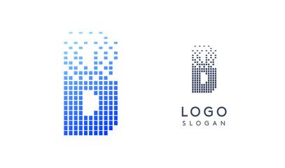Pixelated Letter B transitioning into scattered pixels with gradient colors creating modern, digital effect like equalizer. Abstract logo for tech software and digital media. Vector illustration.