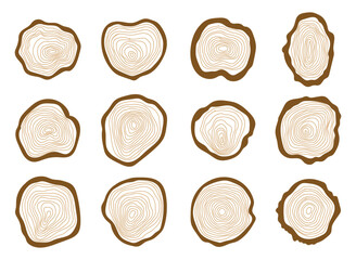 Tree Rings Set. Hand drawn wood slice and gold Lines Wooden Texture.