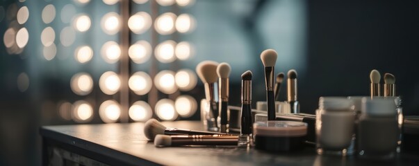 Obraz premium Makeup brushes and containers on vanity with soft, blurred lighting.