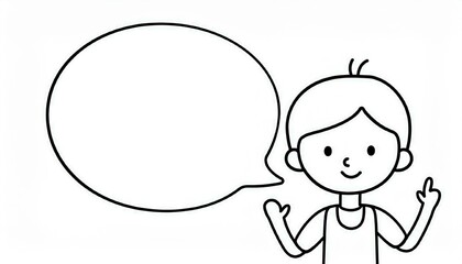 A black-and-white cartoon drawing of a smiling boy raising both index fingers. There is a large speech bubble on the left side of the image for adding text.
