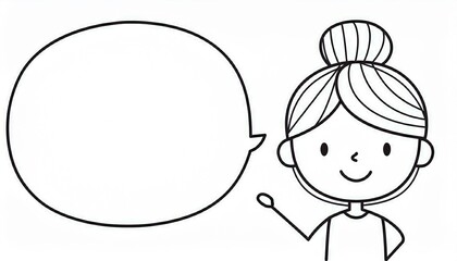 Obraz premium A black-and-white cartoon drawing of a smiling boy raising both index fingers. There is a large speech bubble on the left side of the image for adding text.