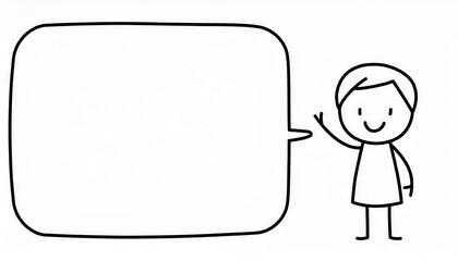 A black-and-white cartoon drawing of a smiling boy raising both index fingers. There is a large speech bubble on the left side of the image for adding text.