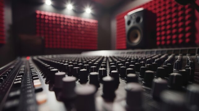 Close-up of a sound mixing console in a professional recording studio.