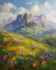 Mountain with wildflowers oil painting