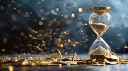 A golden hourglass surrounded by scattered coins, symbolizing the passage of time and wealth accumulation.
