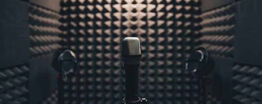 Close-up of a microphone in a soundproof recording booth.