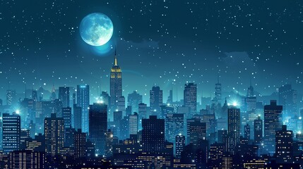 A cityscape at night with a full moon and falling snow.