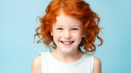Fototapeta premium Portrait of a gorgeous cute smiling beautiful baby girl with red hair and perfect skin, light blue background, banner.