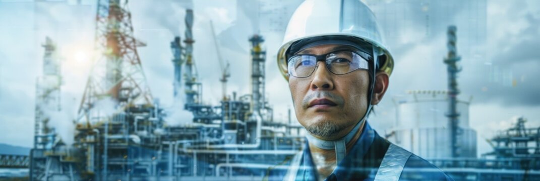 Double exposure Senior Asian Engineer wearing glasses helmet and safety vest stands in front of an industrial power plant or factory background at the skyline, banner design for the web. - Powered by Adobe