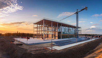 Fototapeta premium Overall view of a large construction site with a modern low rise building in progress, steel, glass, sunset view
