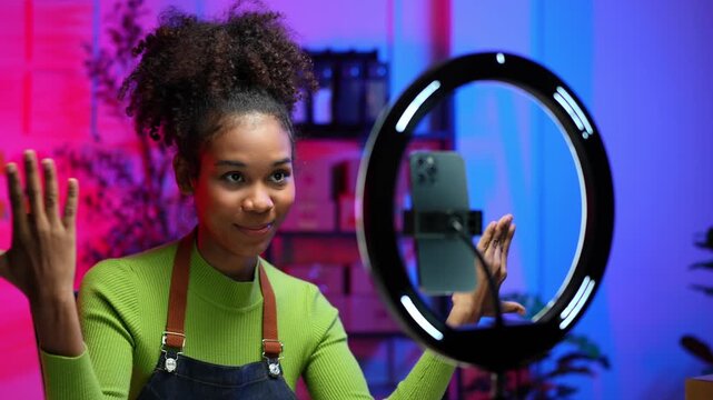 Independent businesswoman African American businesswoman, vlogger live camera streaming Social media sharing Online Shopping, Sales, SME Business Ideas, Online Marketing, Ecommerce.