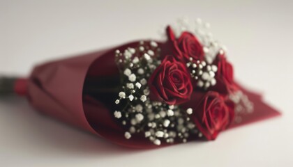 Small bouquet of red roses wrapped in red paper